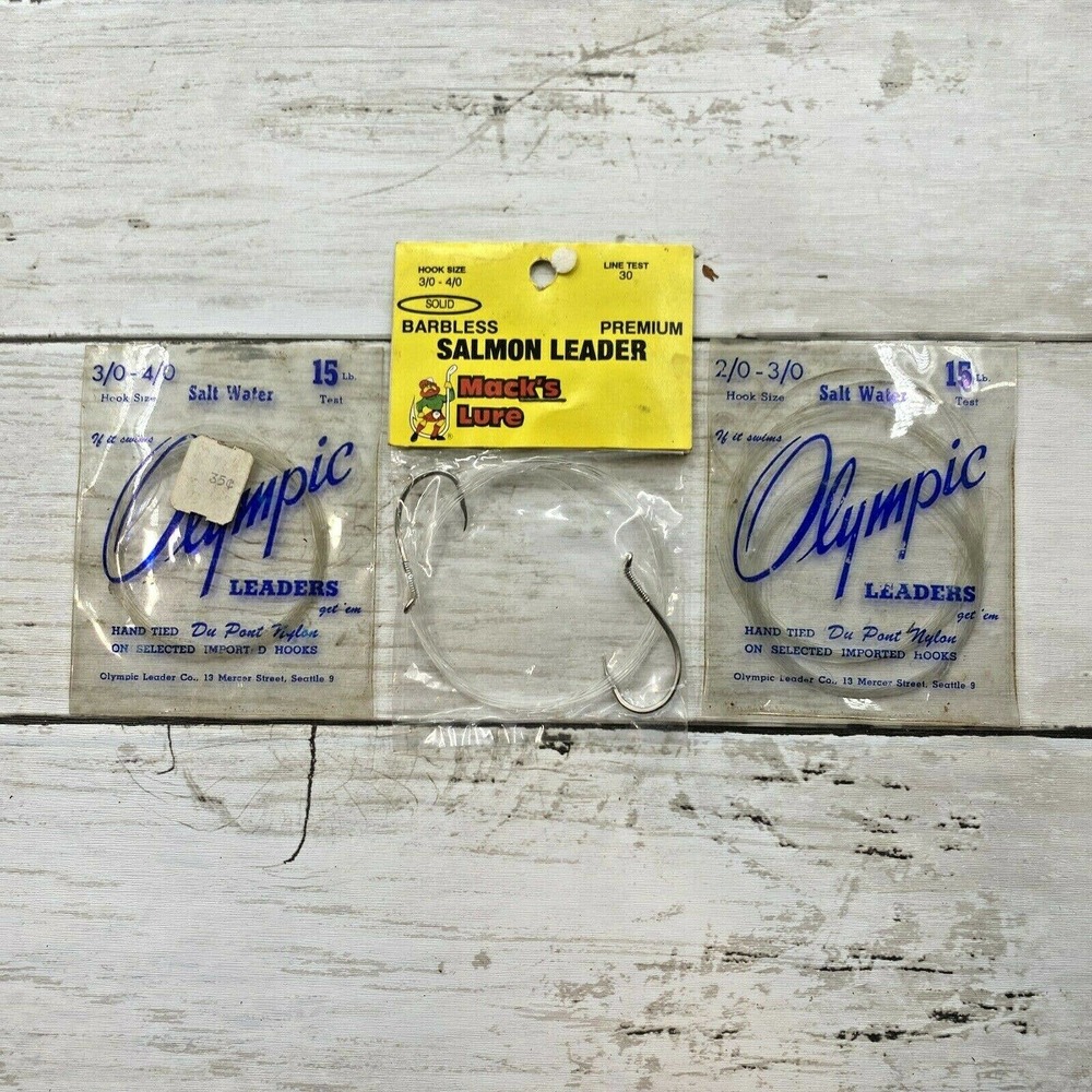 3 Vintage Olympic and Macks Lure Leaders for Classic Salmon and Trout Fishing